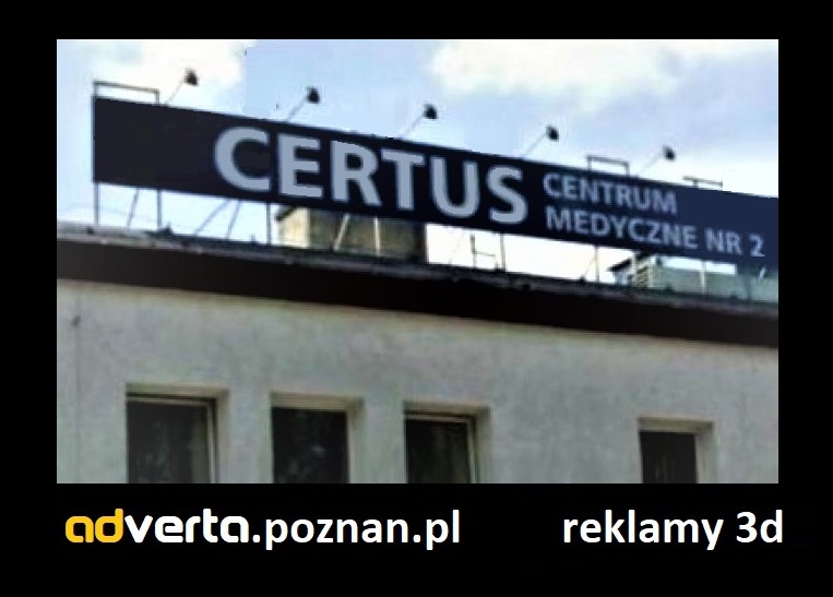 Szyld w postaci tablicy aluminiowej - z podświetleniem halogenowym zewnętrznym - na dachu.